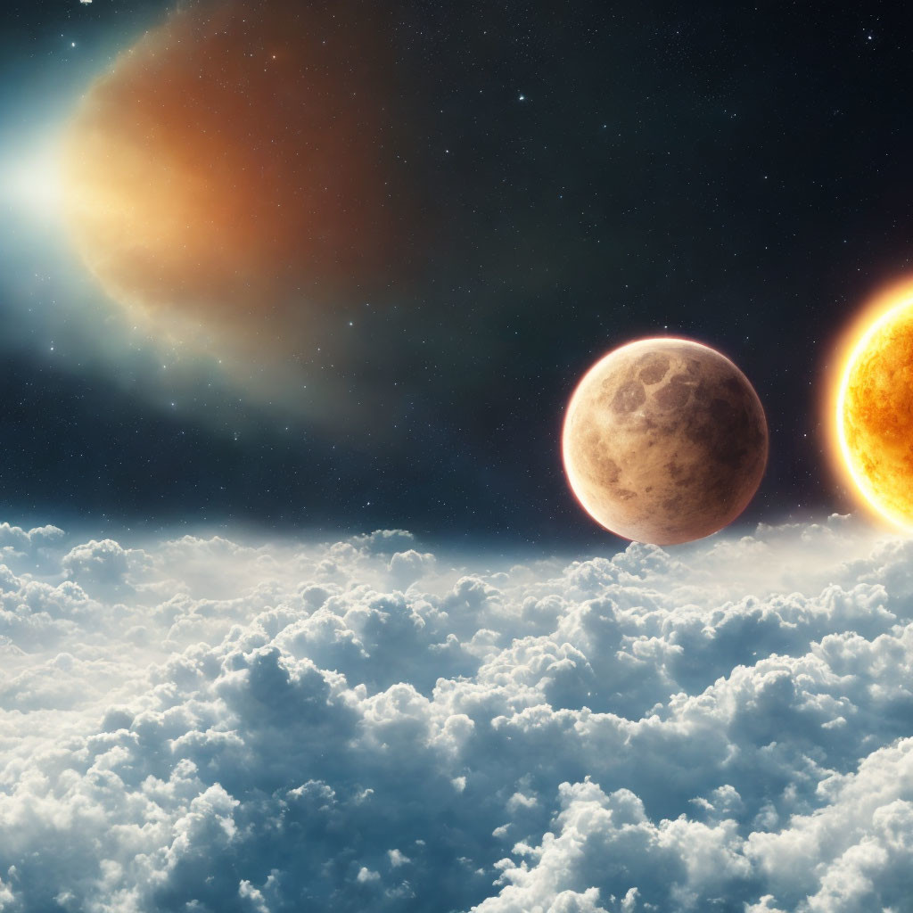 Surreal cosmic scene with celestial bodies above clouds