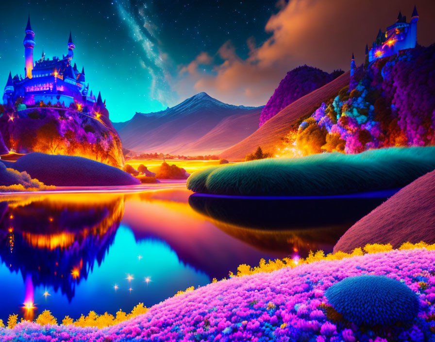 Fantasy landscape with starry sky, colorful flora, castles, and reflective lake