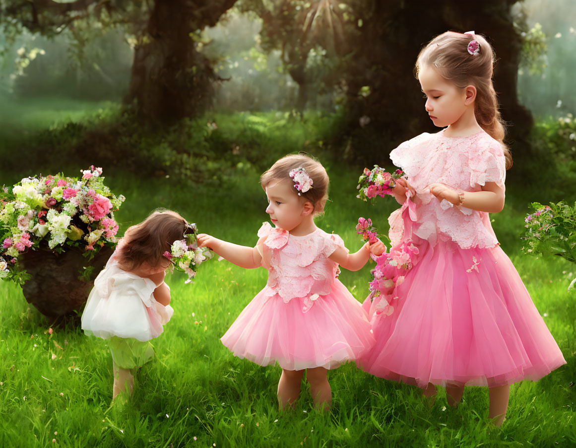 Three young girls in pink dresses playing in sunny garden