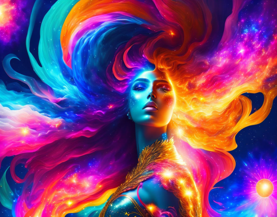 Colorful digital artwork: Woman with flowing hair in cosmic nebula setting