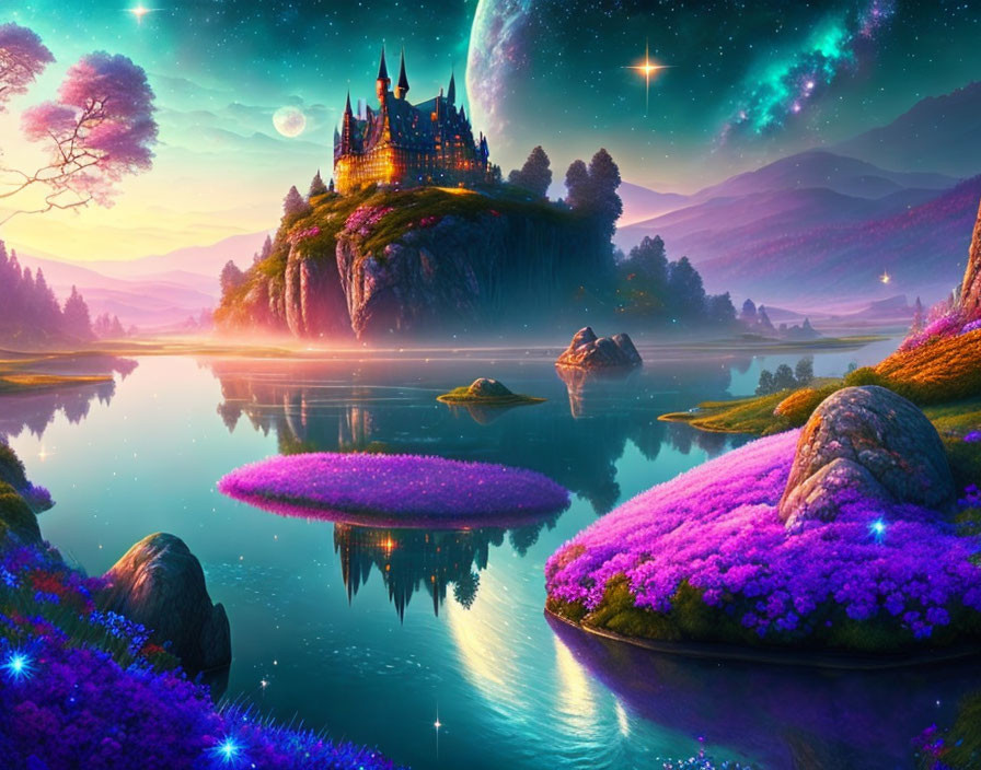 Vibrant castle on cliff overlooking serene lake in fantasy landscape