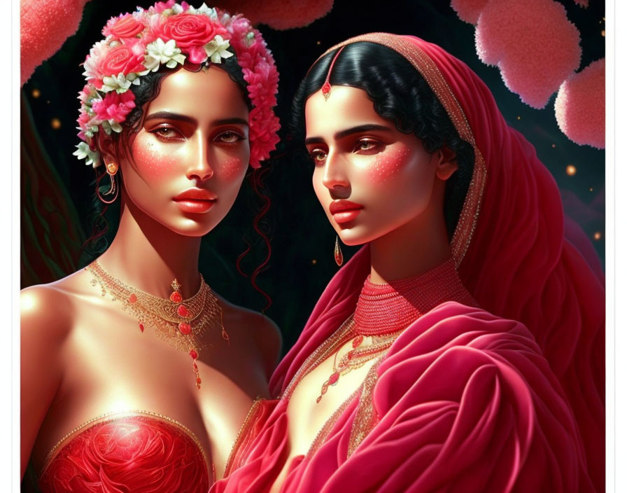 Two women in red attire with floral headpieces in a pink blossom setting