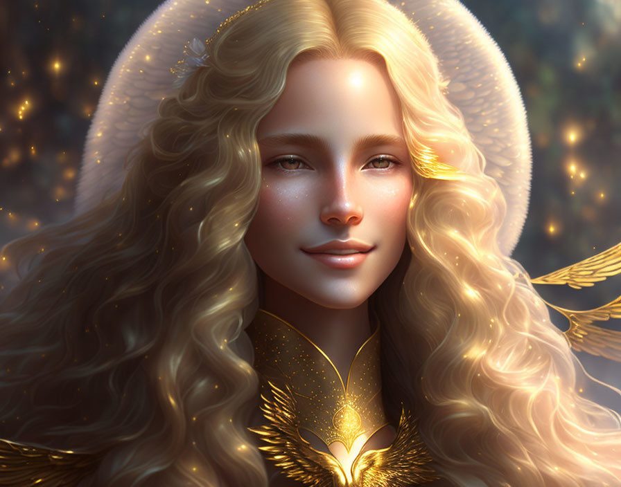 Blonde angel with golden wings and serene smile amid twinkling lights