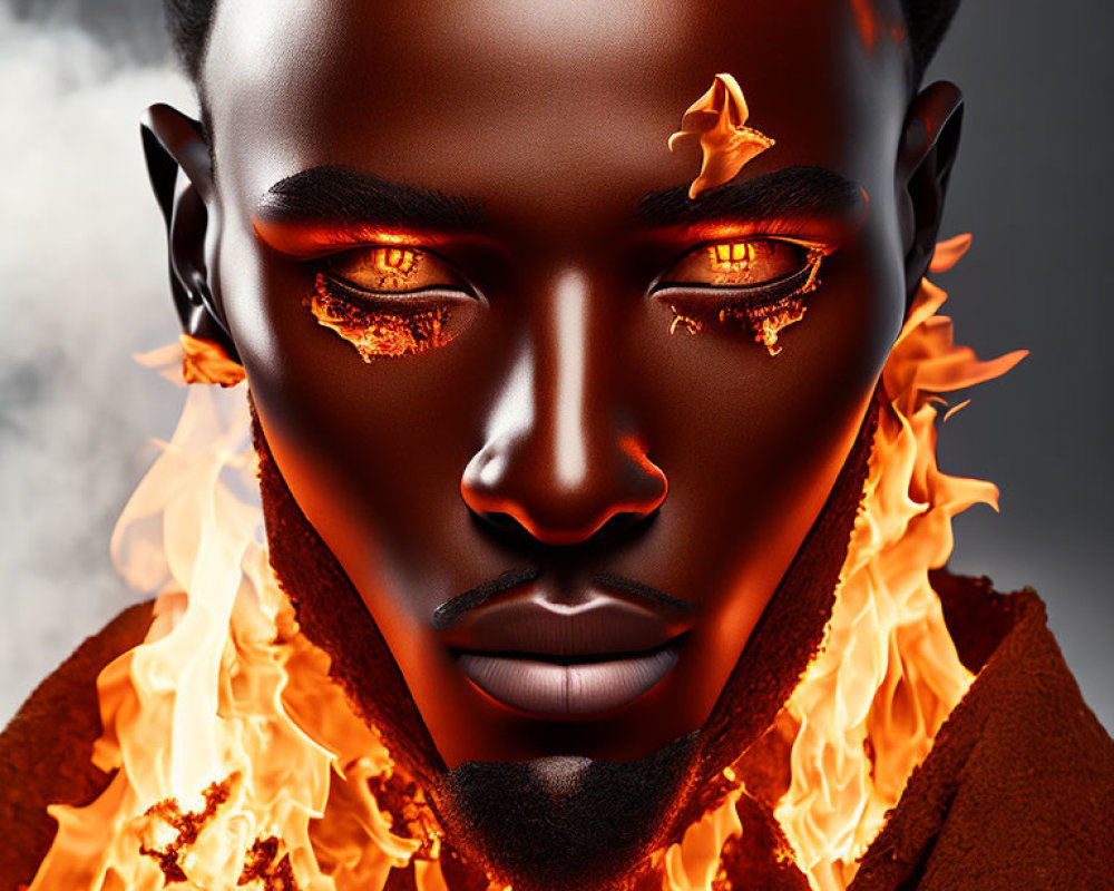 Digital art portrait featuring person with glowing orange eyes, molten lava skin, and integrated flames.