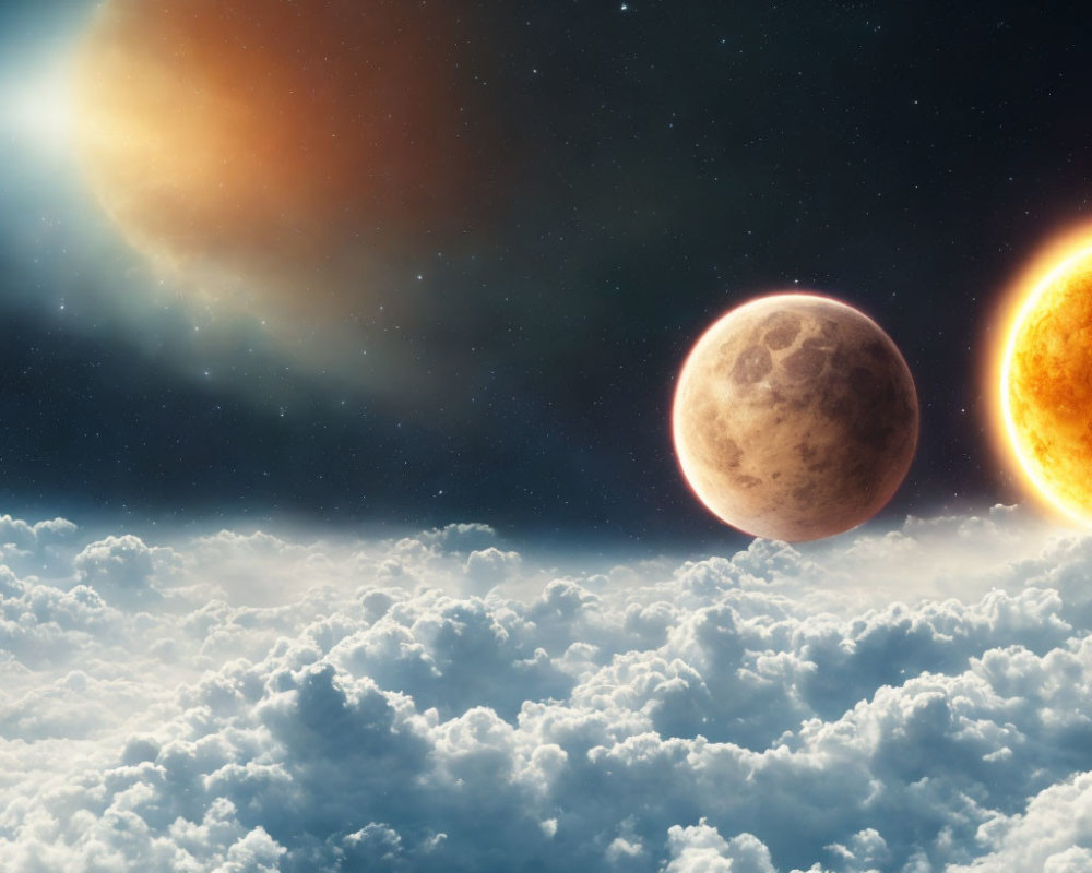 Surreal cosmic scene with celestial bodies above clouds