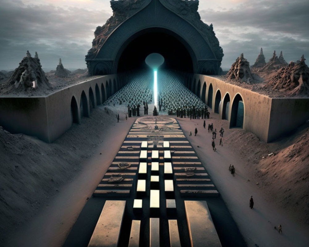 Surreal image: Grand arched entrance with glowing portal and small figures.