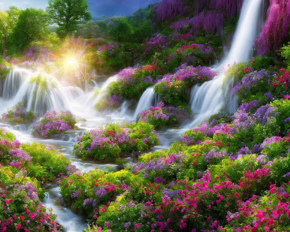 Scenic waterfall among lush flowers under sunny sky