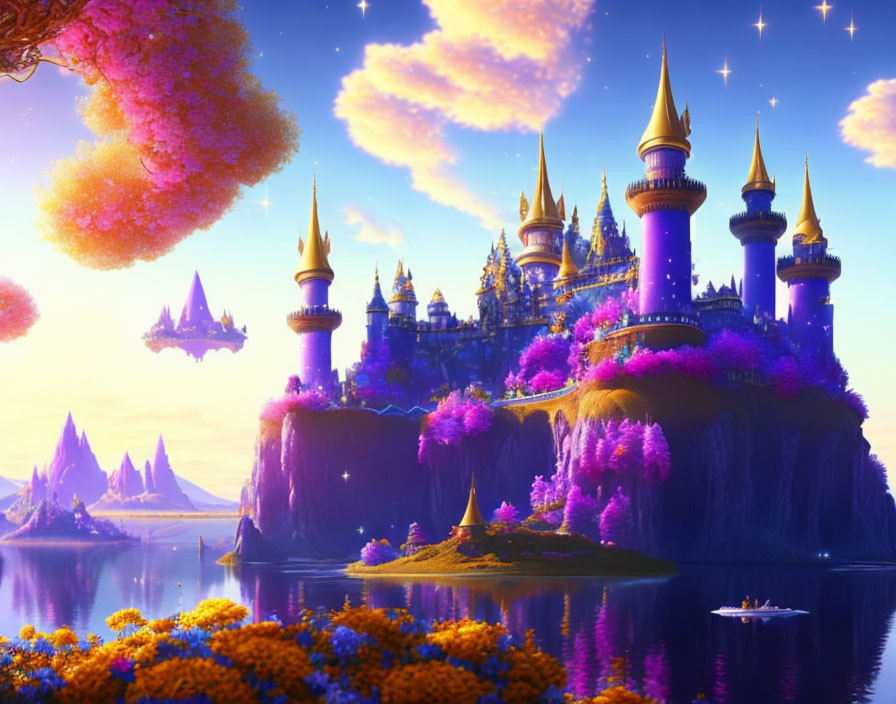 Majestic purple castle in vibrant fantasy landscape