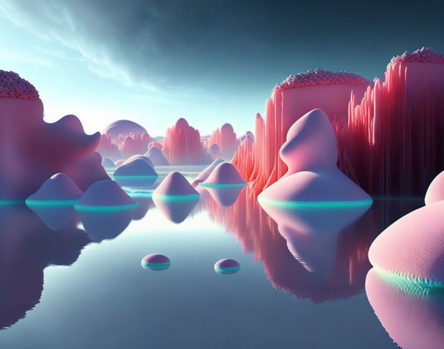 Tranquil surreal landscape with reflective water and pink-purple rock formations