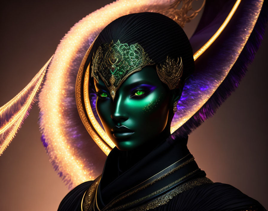 Character with Green Skin, Golden Headpiece, and Glowing Orange Halo on Dark Background