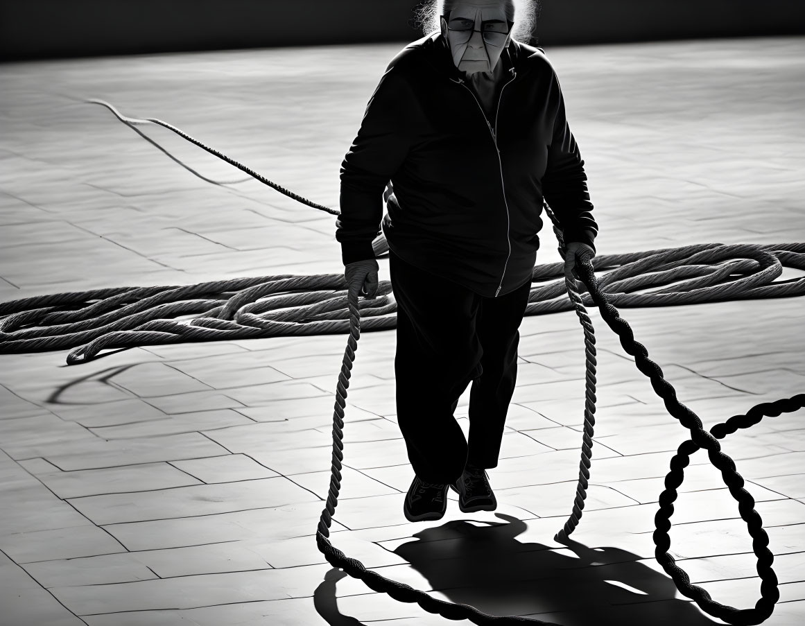 Elderly person in dark attire with sunglasses holding a thick rope in bright sunlight