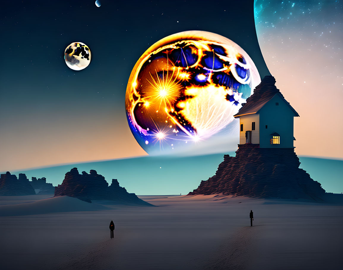 Lone figure in surreal desert landscape with fantastical planet and moon at twilight