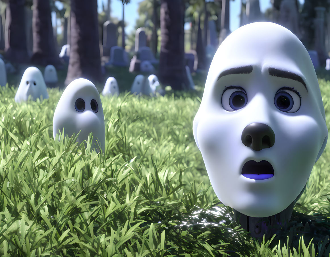 3D-animated character peeking out from grass with ghost-like figures