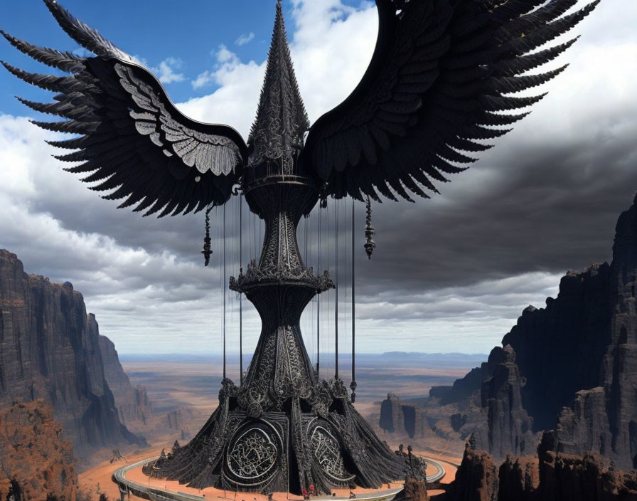 Fantastical Gothic tower with ornate wings in dramatic desert landscape