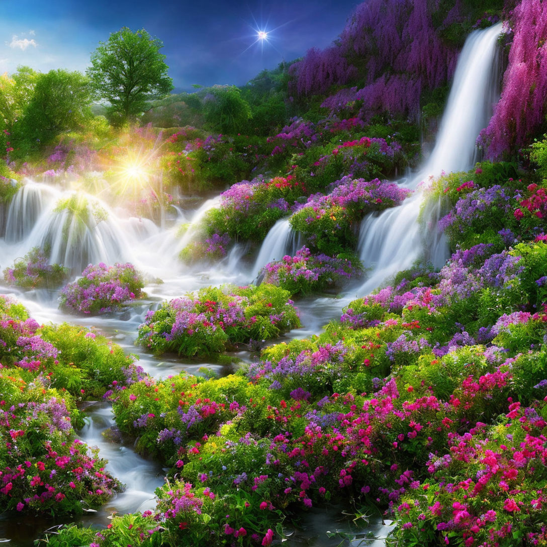 Scenic waterfall among lush flowers under sunny sky