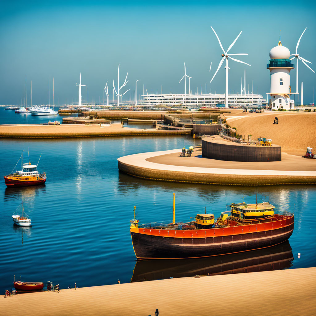 Scenic coastal view with lighthouse, cargo ship, wind turbines, and small boats