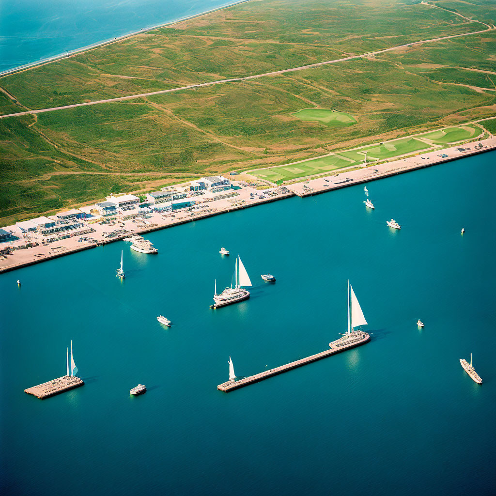 Coastal Marina with Docks and Moored Yachts in Clear Blue Water