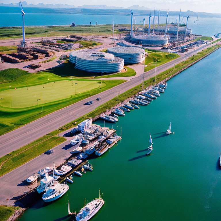 Marina with Moored Yachts, Modern Circular Buildings, and Wind Turbines