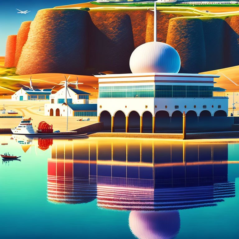 Futuristic coastal scene with sleek buildings and diverse landscape