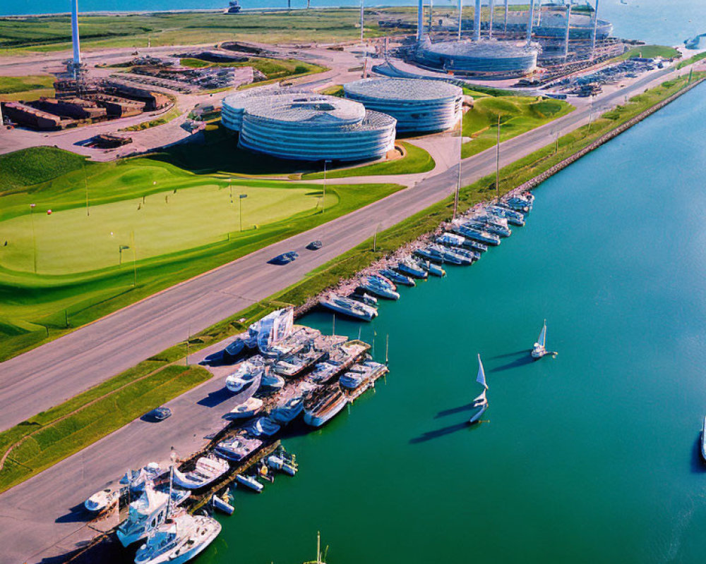 Marina with Moored Yachts, Modern Circular Buildings, and Wind Turbines