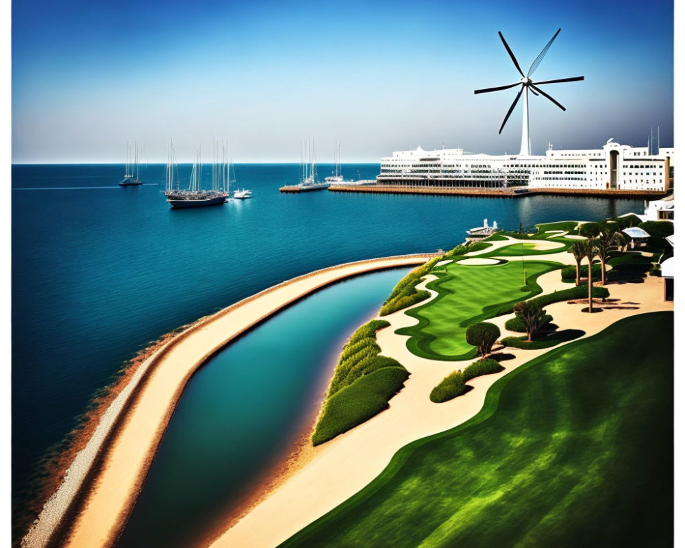 Manicured green lawn, sandy beach, yachts, cruise ship, wind turbine by the coast