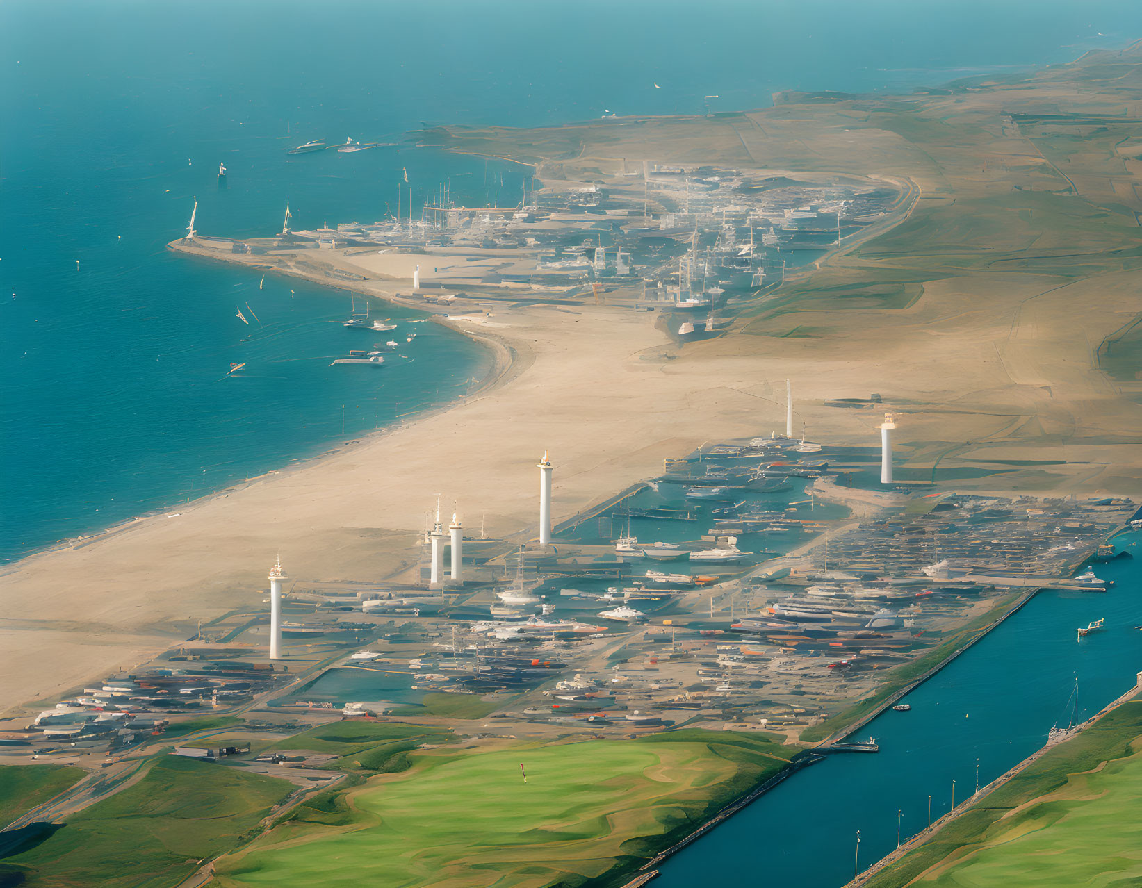 Coastal Industrial Area with Wind Turbines, Docks, and Ships