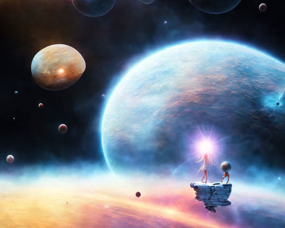 Colorful space scene with planets, moons, spaceship, nebula, and stars