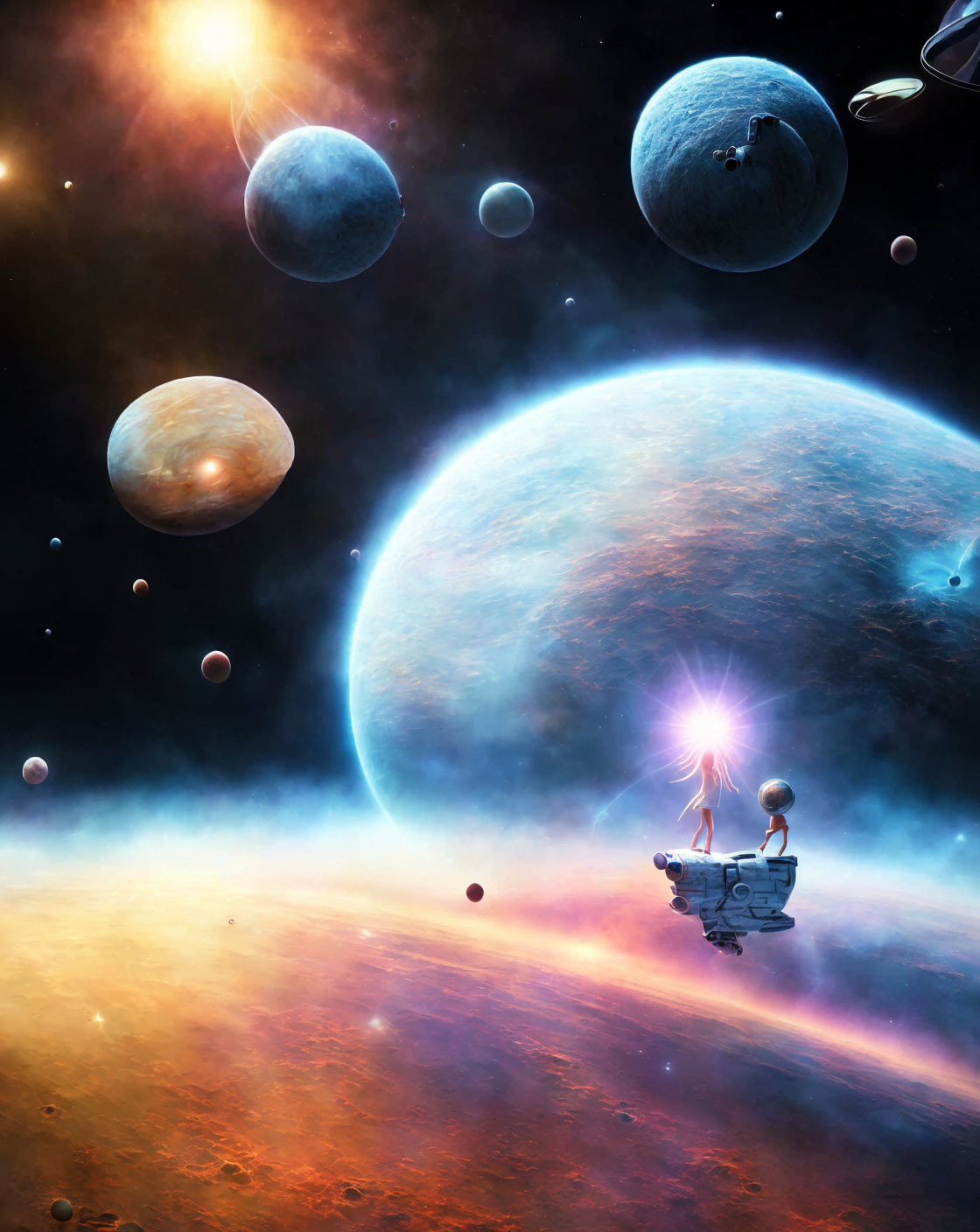 Colorful space scene with planets, moons, spaceship, nebula, and stars