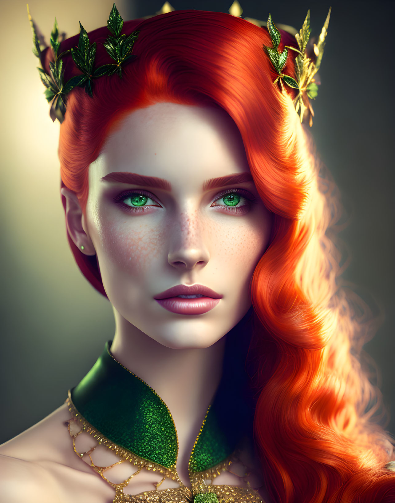 Vibrant digital portrait of a woman with green eyes, red hair, freckles, and