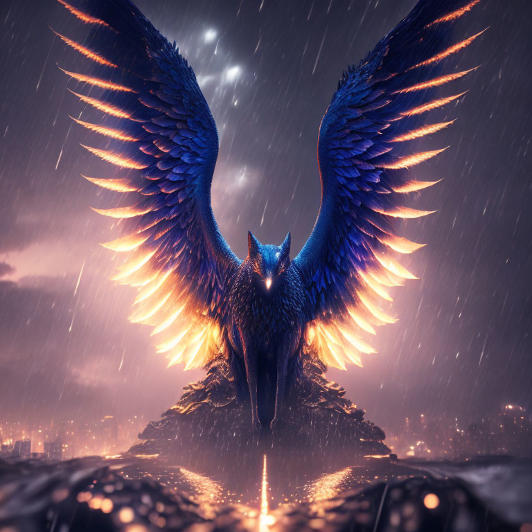 Blue Phoenix Standing on Rock Against Stormy Sky with Blurred City Lights