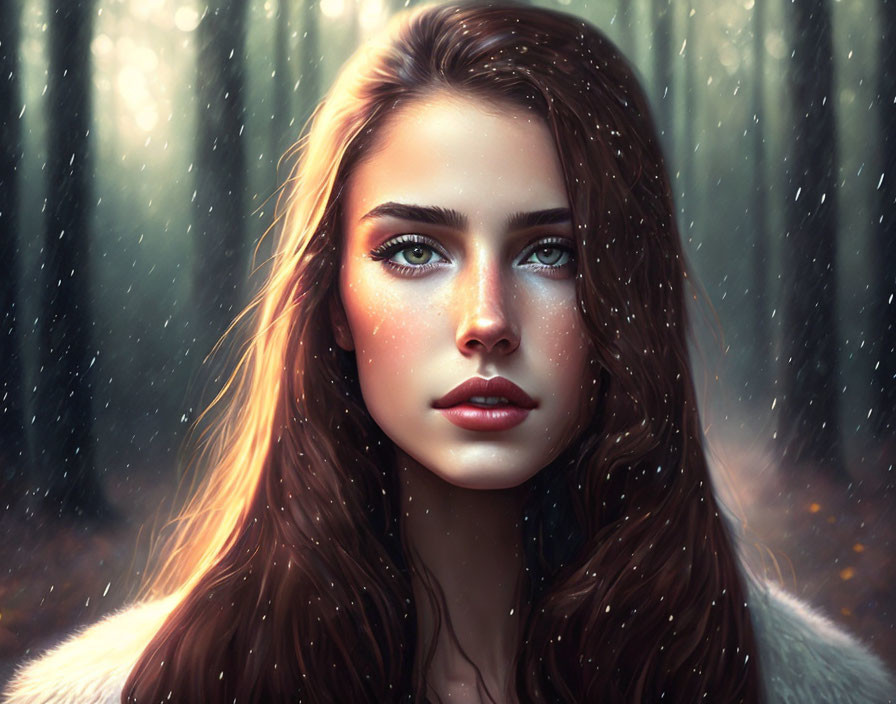 Young Woman with Blue Eyes in Snowy Forest Portrait