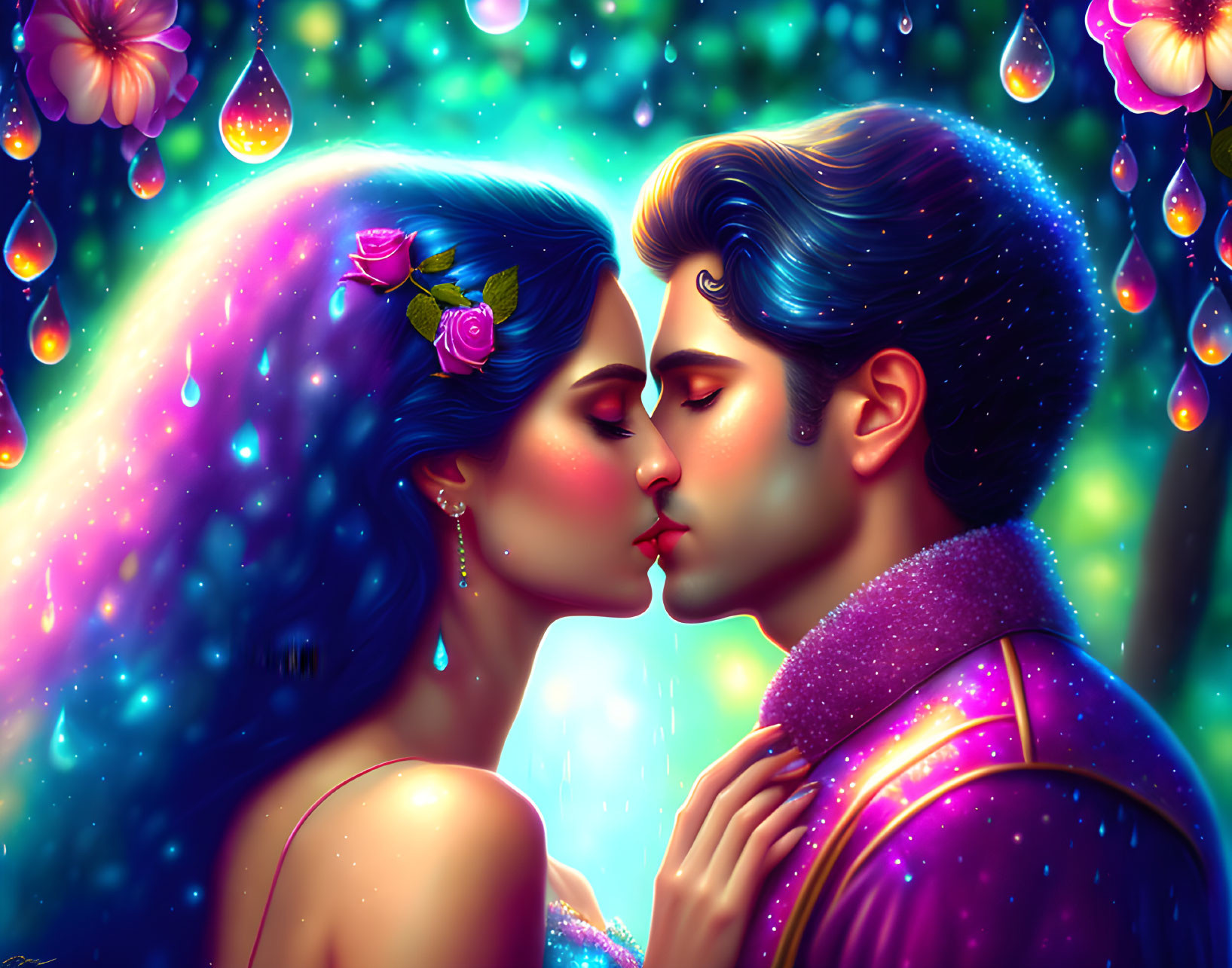 Romantic couple illustration in vibrant starry setting