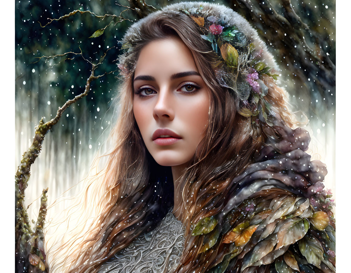 Digital artwork of woman with soulful eyes, floral hood, feathered cloak, snowy backdrop.