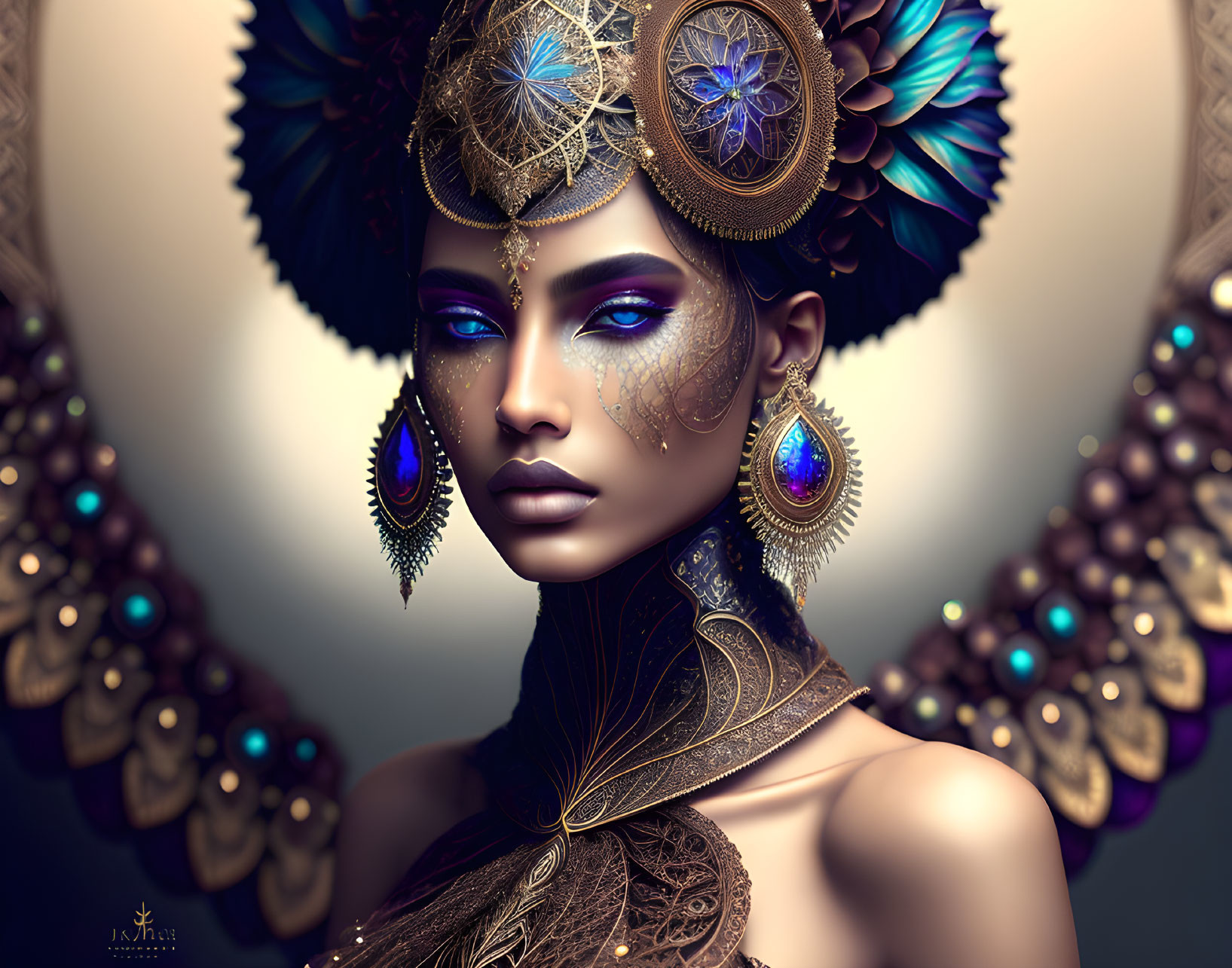 Illustration of woman with golden headgear, blue skin, exotic makeup, and ornate earrings.