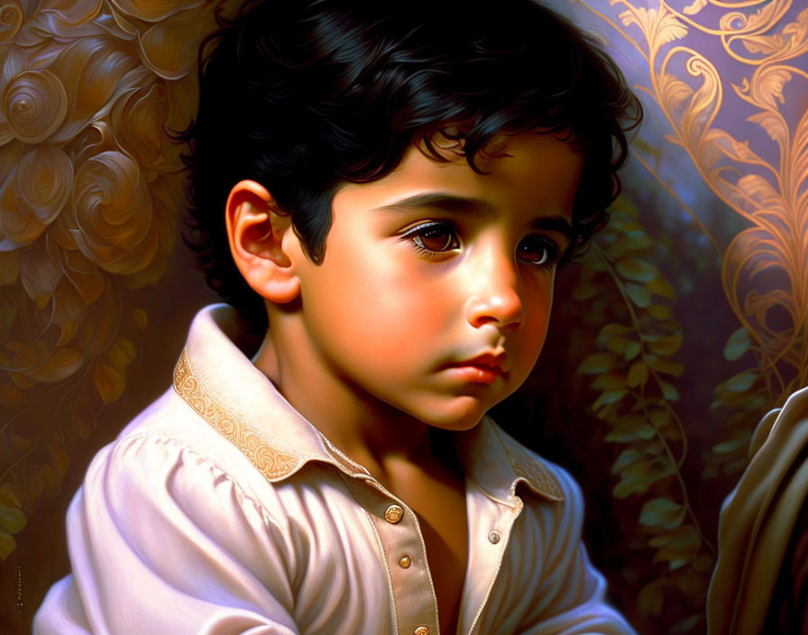 Young boy digital painting: dark hair, pensive expression, cream shirt, patterned background