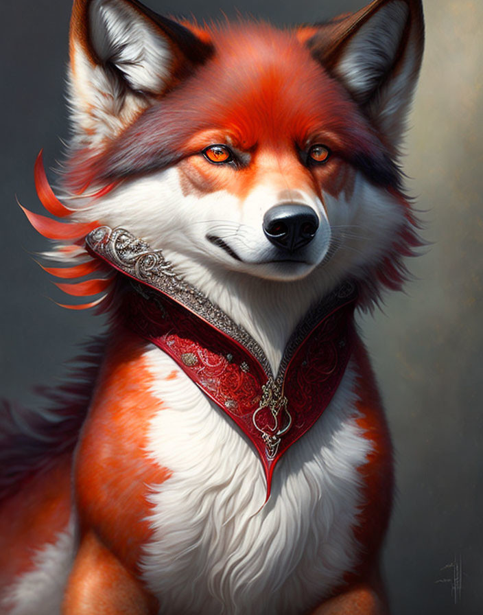 Detailed Digital Painting: Red Fox with Human-Like Eyes and Silver Adorned Bandana