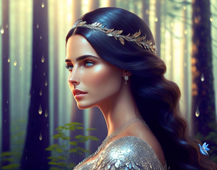 Digital portrait of woman with blue eyes and leaf headpiece in forest setting