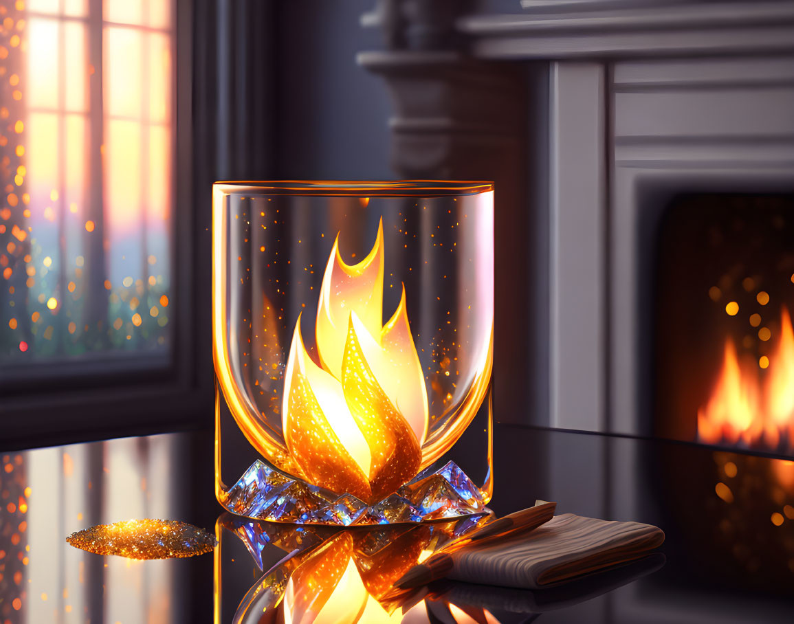 Illustrated glass with fire-like design by window overlooking cozy fireplace and open notebook