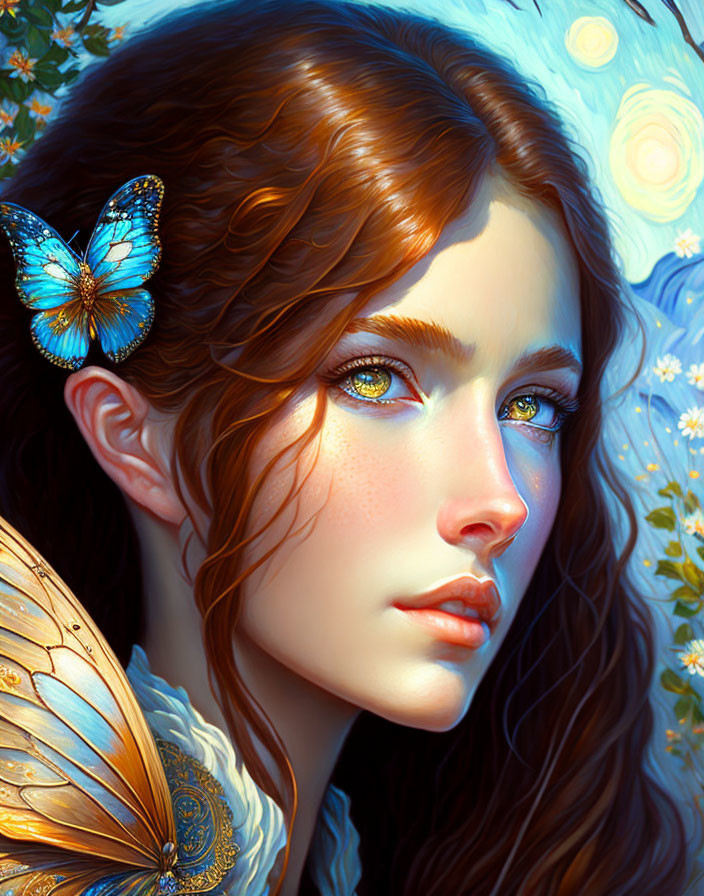 Detailed digital portrait of young woman with butterflies, intricate facial features, blue eyes, and floral backdrop