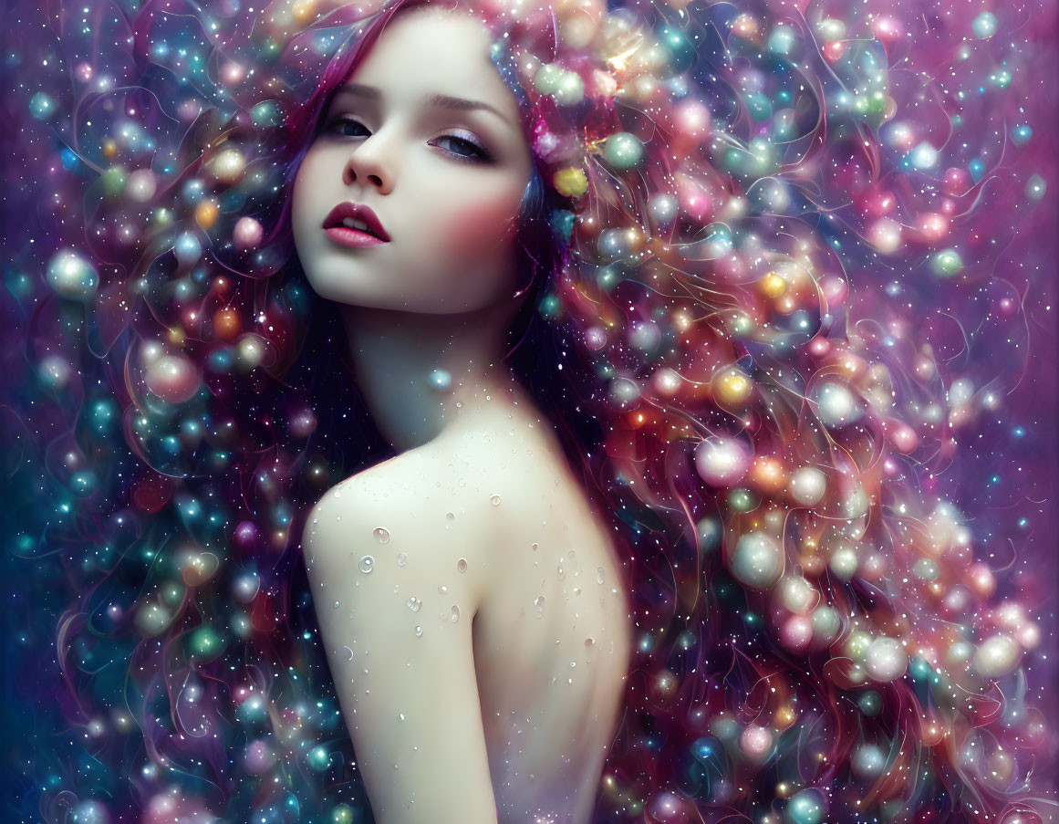 Multicolored galaxy hair woman in cosmic setting