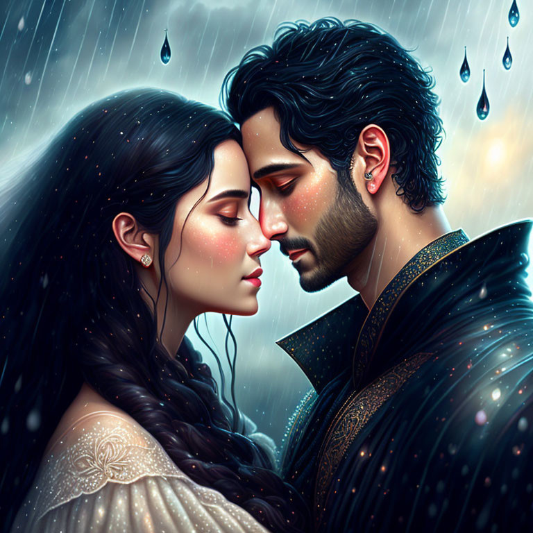 Digital illustration of man and woman in intimate pose with touching foreheads, amidst falling raindrops