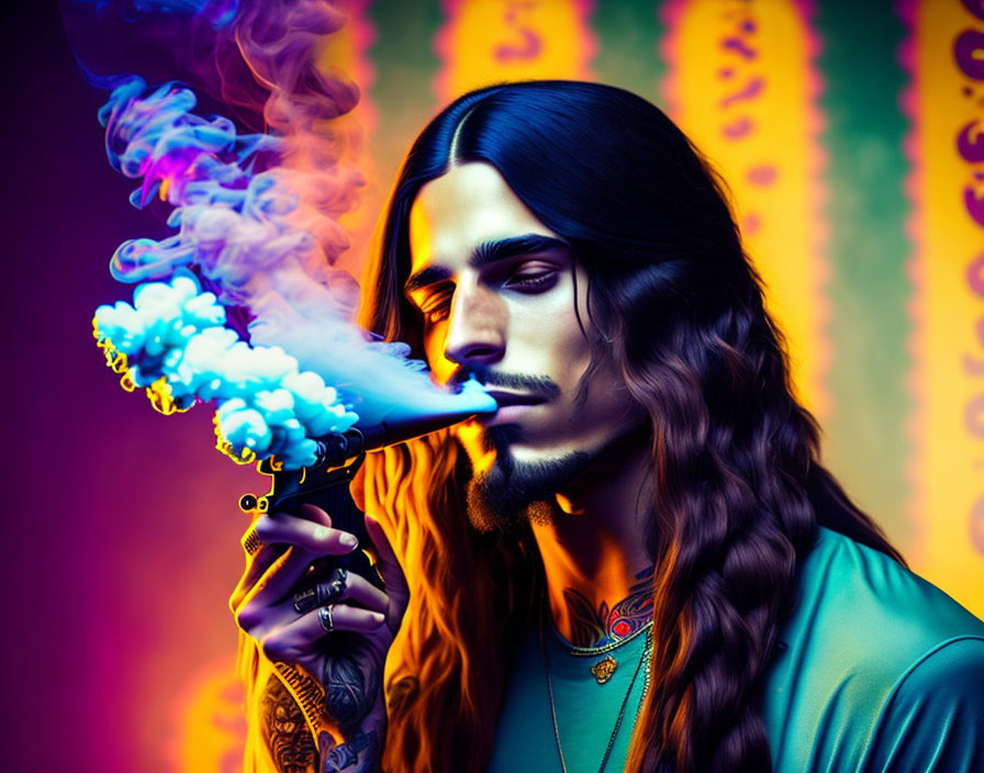 Braided hair person exhales colorful smoke on vibrant backdrop