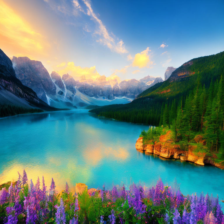 Turquoise Lake Landscape with Pine Trees and Purple Flowers