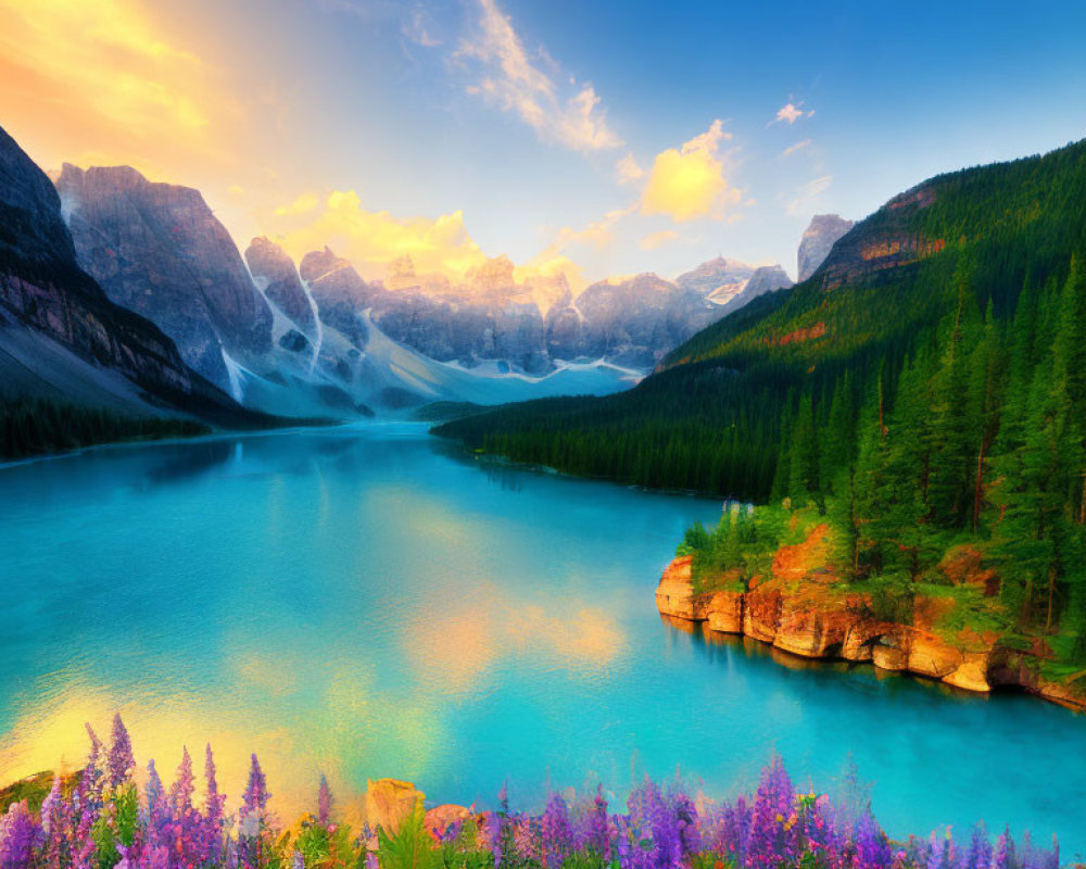 Turquoise Lake Landscape with Pine Trees and Purple Flowers