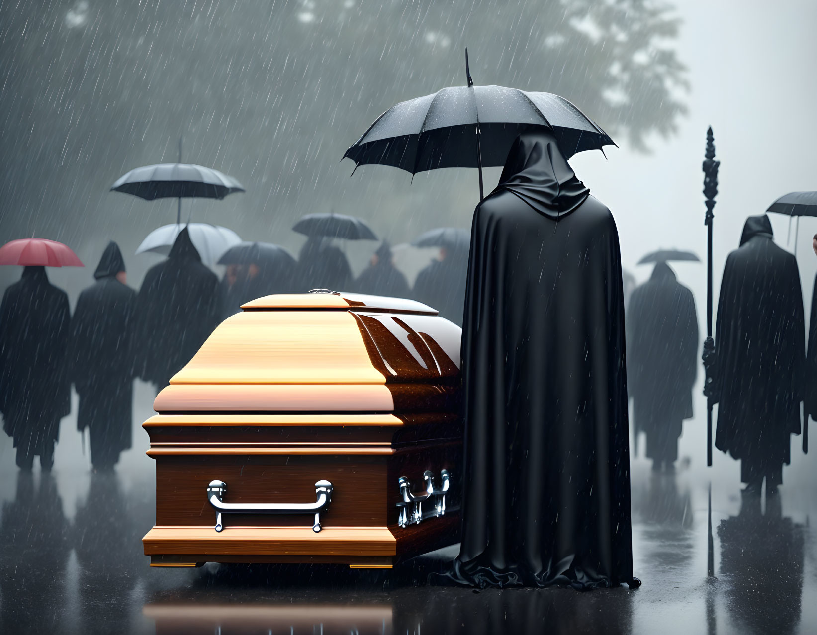 Funeral procession in rain with person holding umbrella by coffin