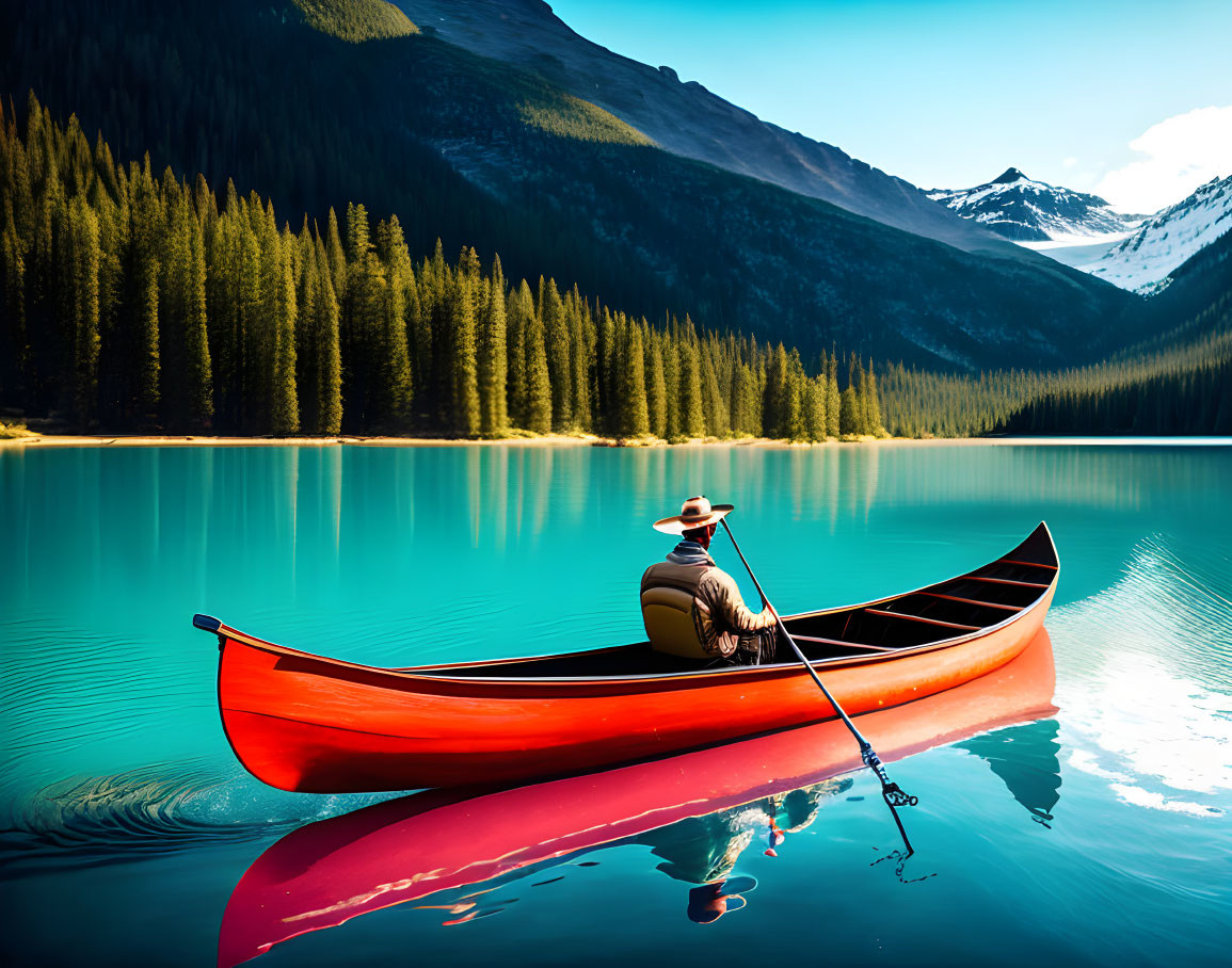 Person in hat paddling red canoe on serene lake with pine trees and mountains.