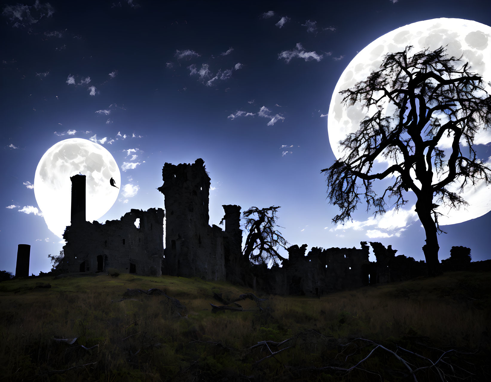 Silhouette of ruined castle and bare trees under two large moons