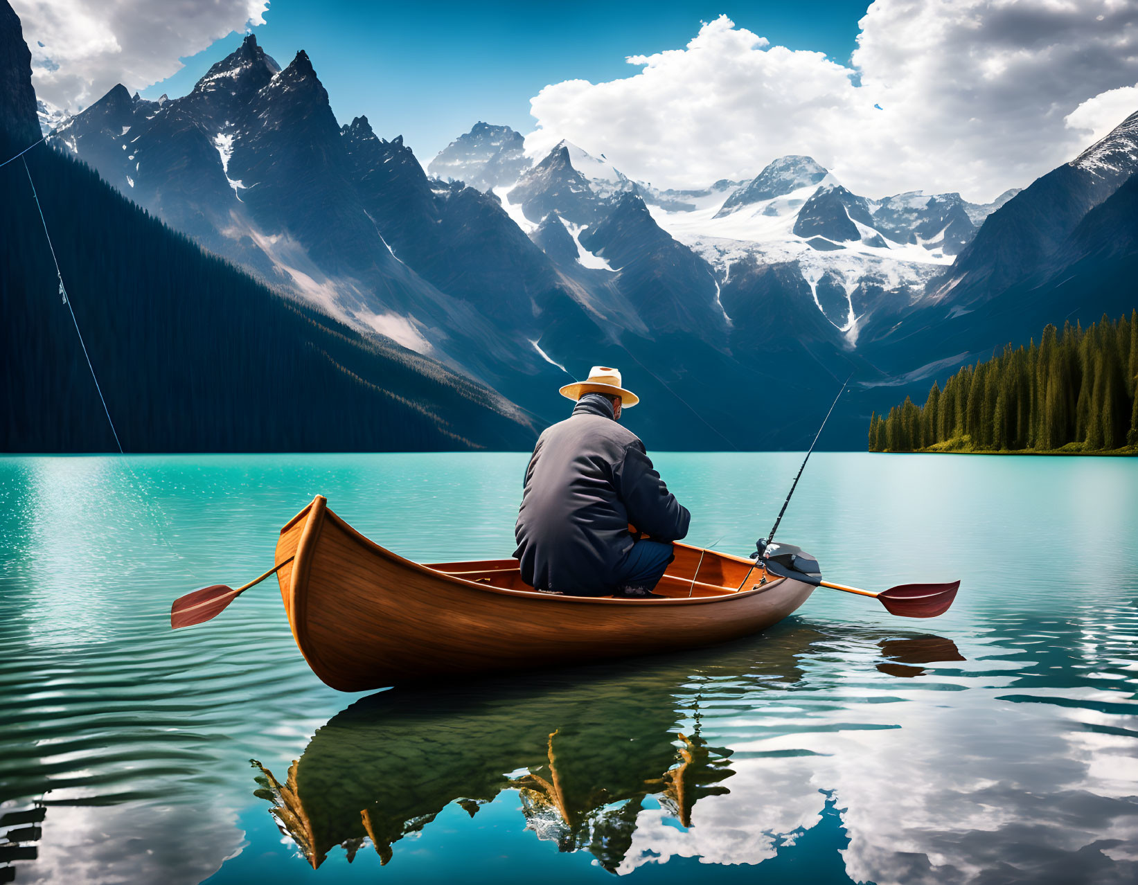 Person in hat fishing from canoe on serene lake with majestic mountain reflections