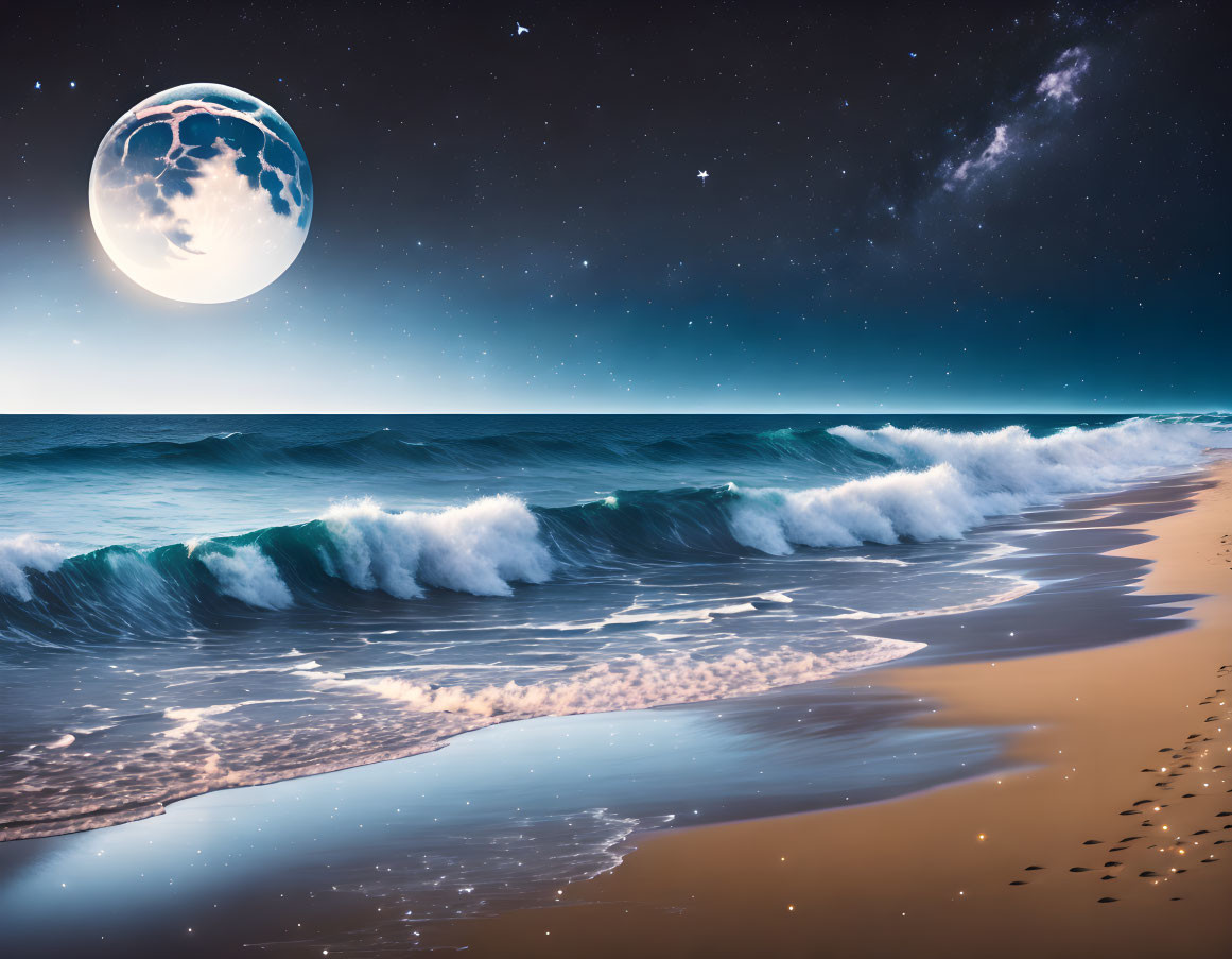 Night Beach Scene: Serene Waves, Starry Sky, Full Moon