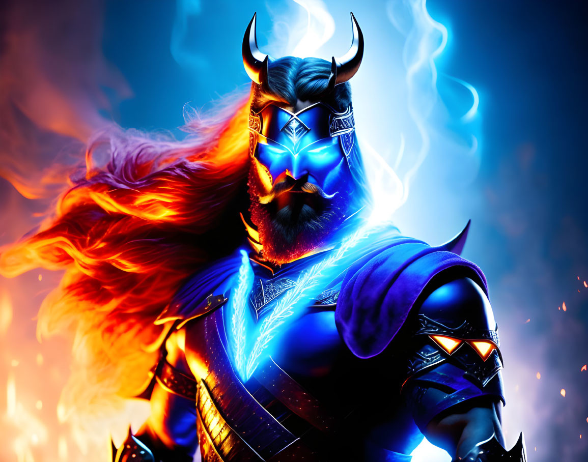 Fantasy warrior digital artwork with glowing blue armor and fiery red hair